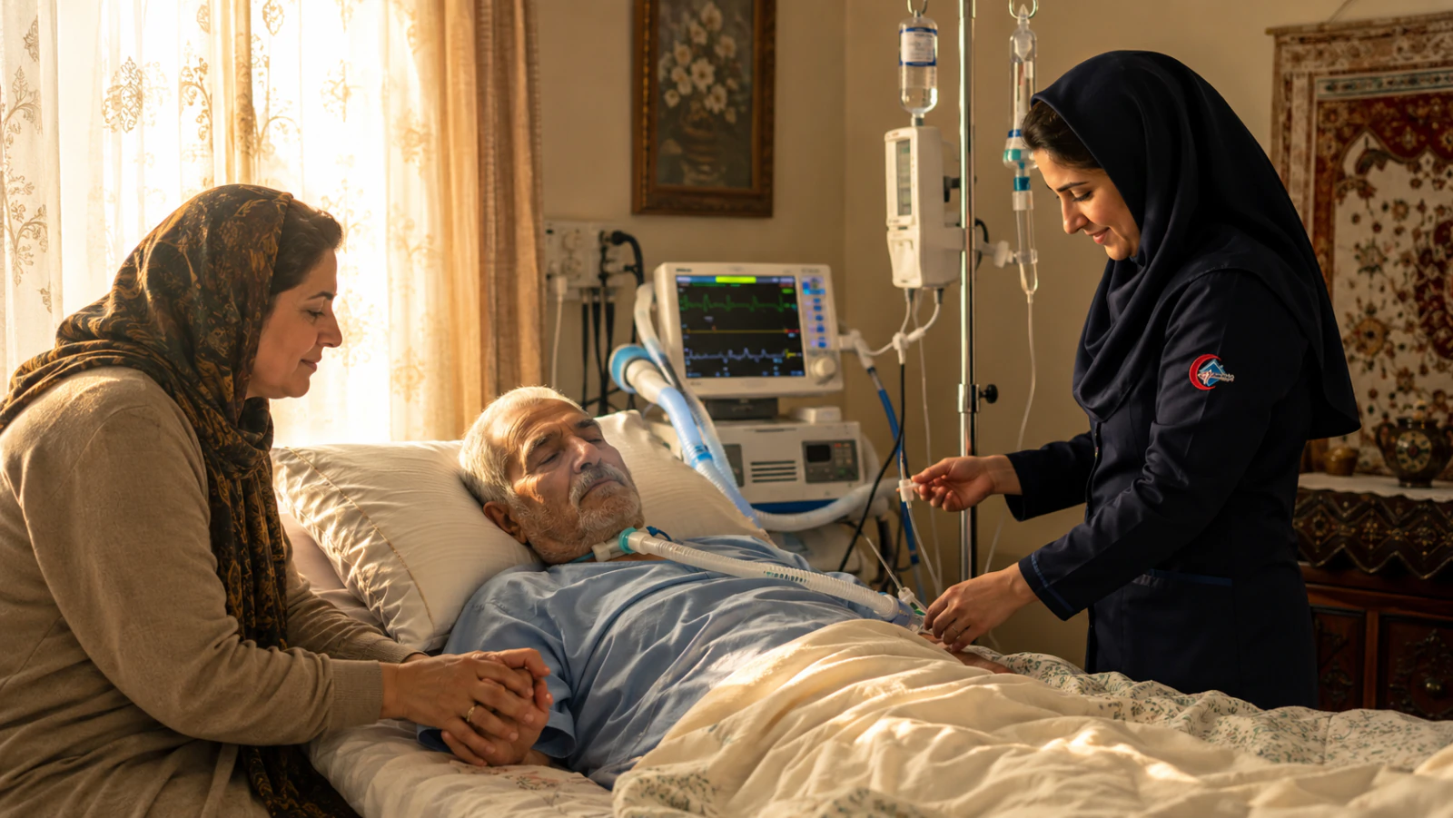 همراهی محبت‌آمیز دختر و پرستار در کنار تخت پدر سالمند بستری در ICU خانگی