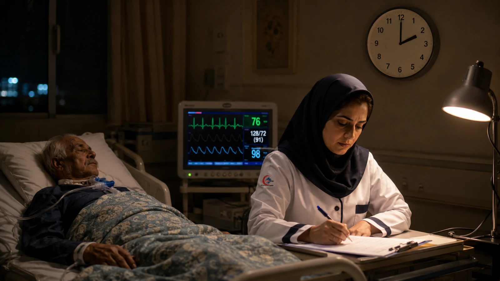 پرستار شیفت شب در حال ثبت علائم حیاتی بیمار در کنار مانیتور ECG در ICU خانگی