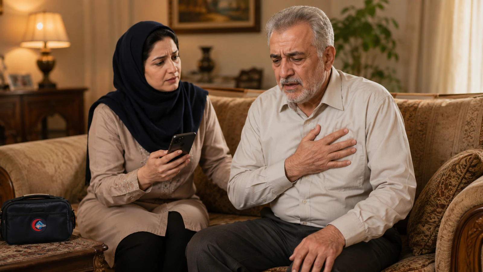 علائم اولیه سکته قلبی با درد قفسه سینه در مرد میانسال و تماس همسر با اورژانس