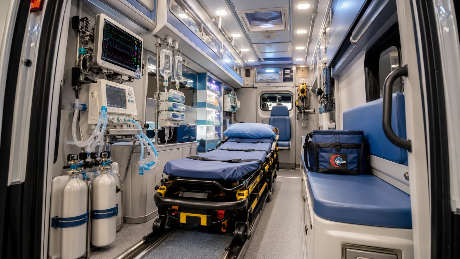 نمای داخلی آمبولانس ICU تیپ C با برانکارد و ونتیلاتور و مانیتور علائم حیاتی