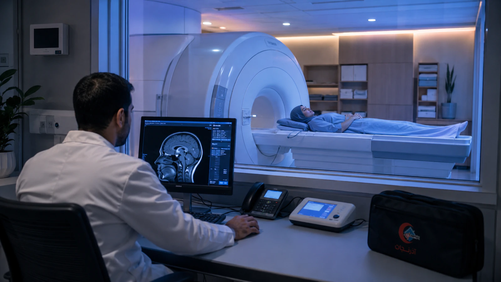 اسکن MRI مغز برای تشخیص بیماری ام اس در مرکز تصویربرداری مدرن با تکنسین