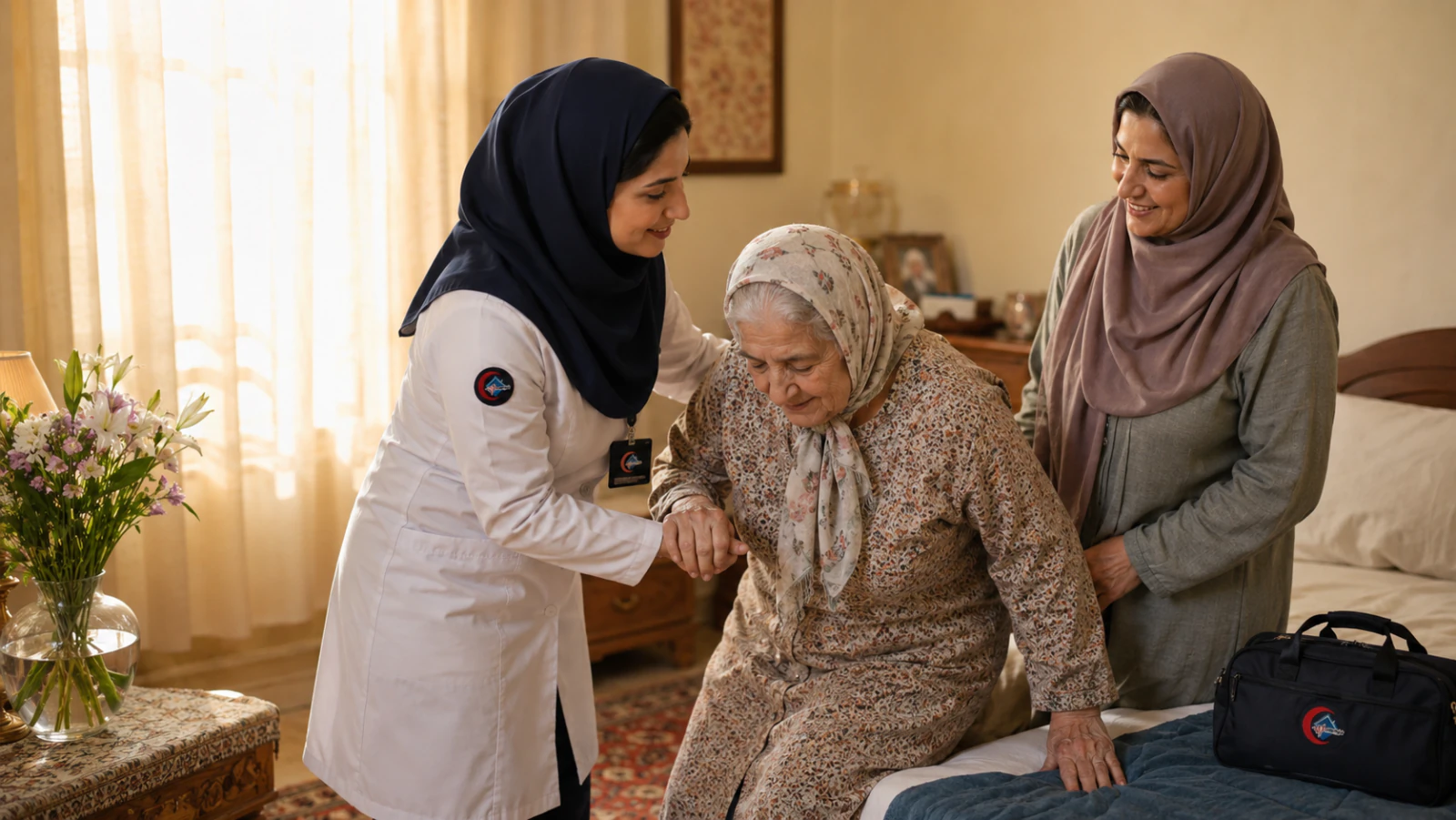 مراقبت پرستار از خانم سالمند با همراهی محبت‌آمیز دخترش در اتاق آفتابی منزل