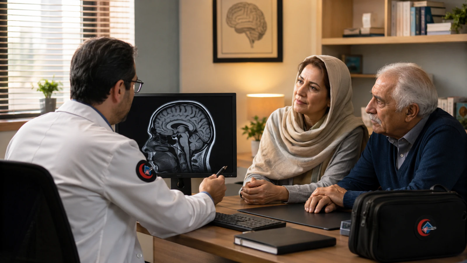 مشاوره پزشک متخصص مغز و اعصاب با خانواده بیمار و بررسی تصویر MRI مغز