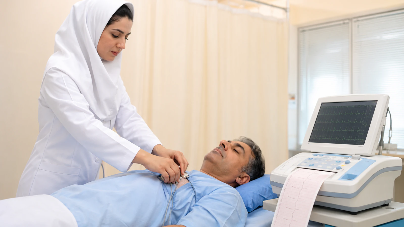 پرستار در حال انجام نوار قلب ECG برای بیمار مرد میانسال روی تخت معاینه درمانگاه