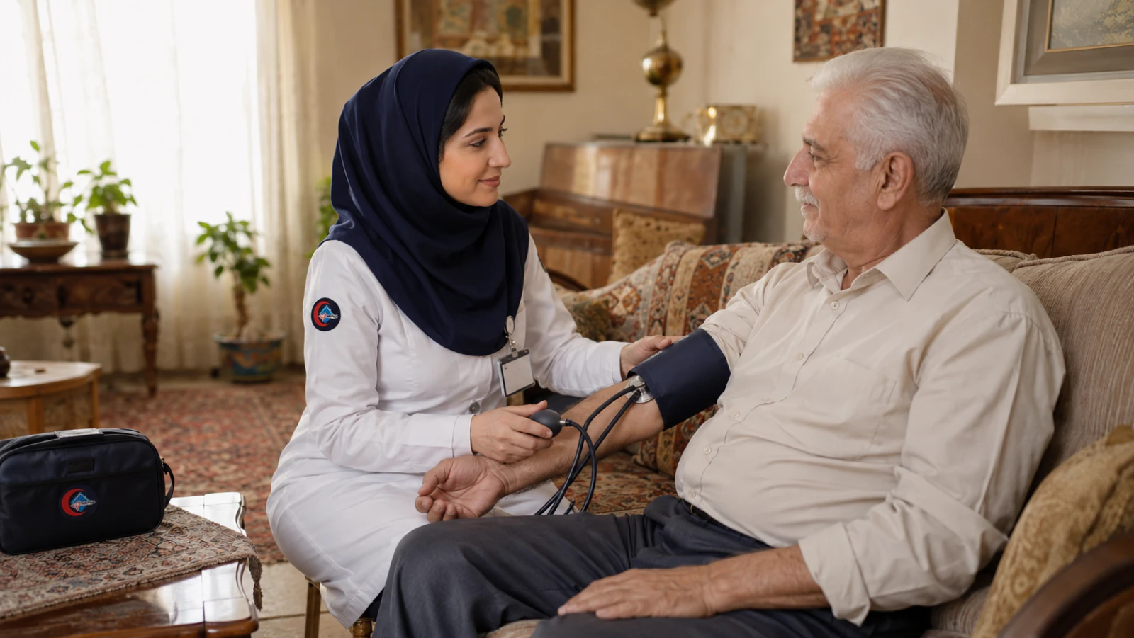 پرستار زن ایرانی در حال اندازه‌گیری فشار خون مرد سالمند روی مبل راحتی در منزل