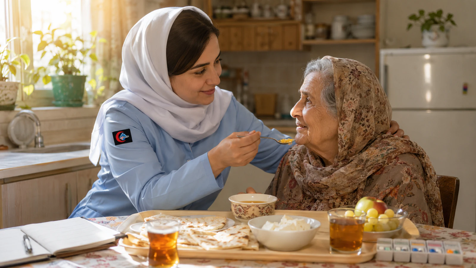 پرستار خانم در حال کمک به خانم سالخورده آلزایمری برای صرف وعده صبحانه