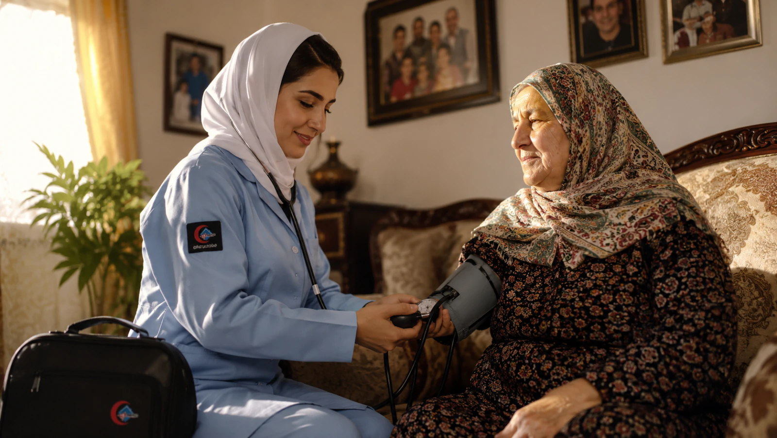 پرستار خانم در حال اندازه‌گیری فشار خون خانم سالخورده در ویزیت خانگی