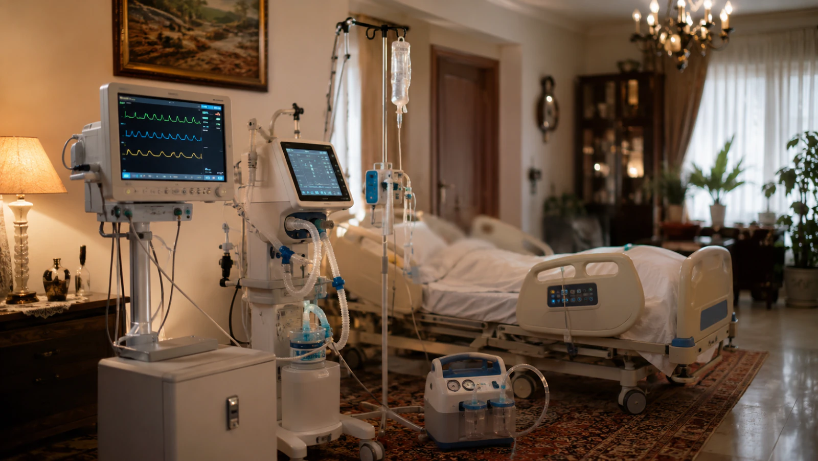 اتاق خانگی مجهز به تجهیزات ICU شامل مانیتور علائم حیاتی، ونتیلاتور و دستگاه ساکشن