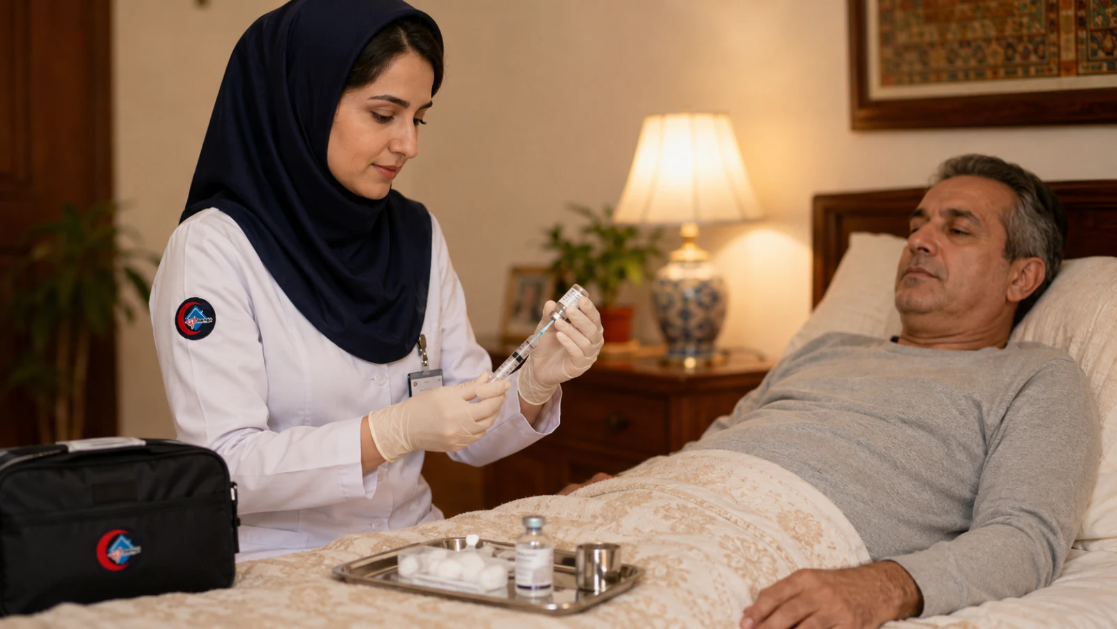 پرستار حرفه‌ای در حال آماده‌سازی سرنگ برای تزریق در منزل با رعایت کامل اصول بهداشتی