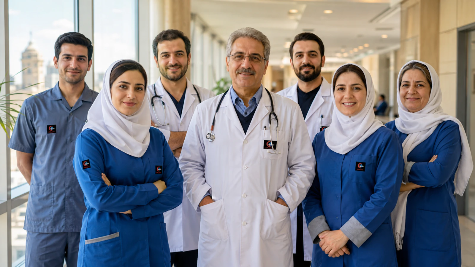 تیم درمانی متنوع شامل پزشکان و پرستاران در راهروی کلینیک مدرن تبریز