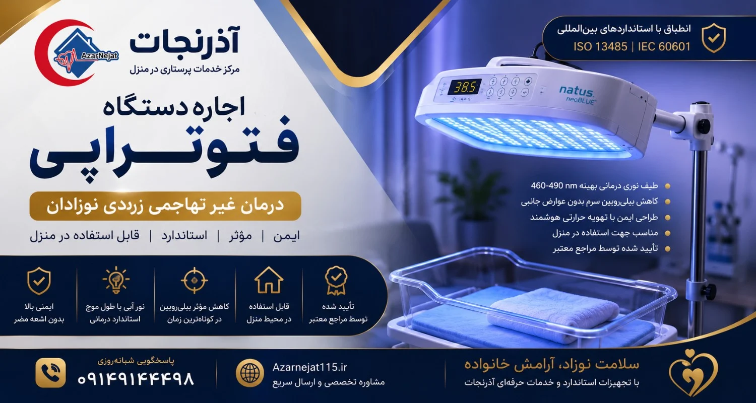 مشخصات دستگاه فتوتراپی استاندارد نوزاد؛ طیف نوری درمانی ۴۶۰ تا ۴۹۰ نانومتر، کاهش بیلی‌روبین بدون عوارض جانبی و منطبق با استانداردهای ISO 13485 و IEC 60601 - آذرنجات