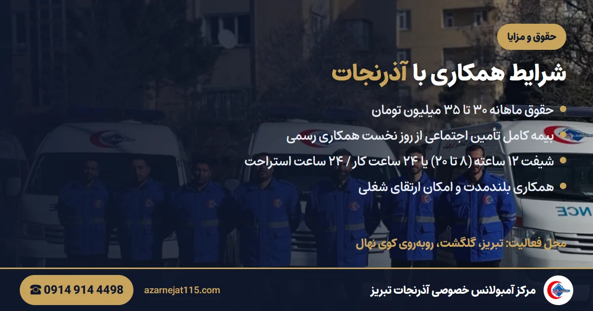 حقوق و مزایای راننده آمبولانس در آذرنجات تبریز حقوق و مزایای راننده آمبولانس در تبریز: حقوق ۳۰ تا ۳۵ میلیون تومان و بیمه تأمین اجتماعی