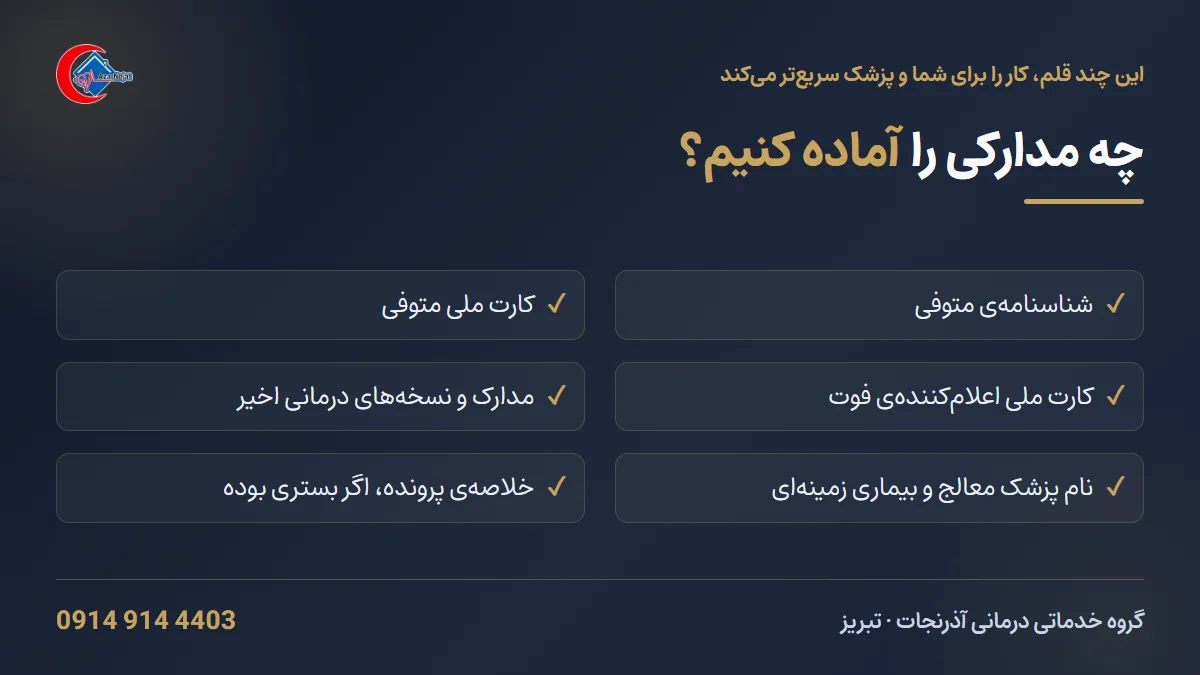 مدارک لازم برای صدور گواهی فوت در منزل در تبریز شامل شناسنامه و کارت ملی متوفی و مدارک درمانی