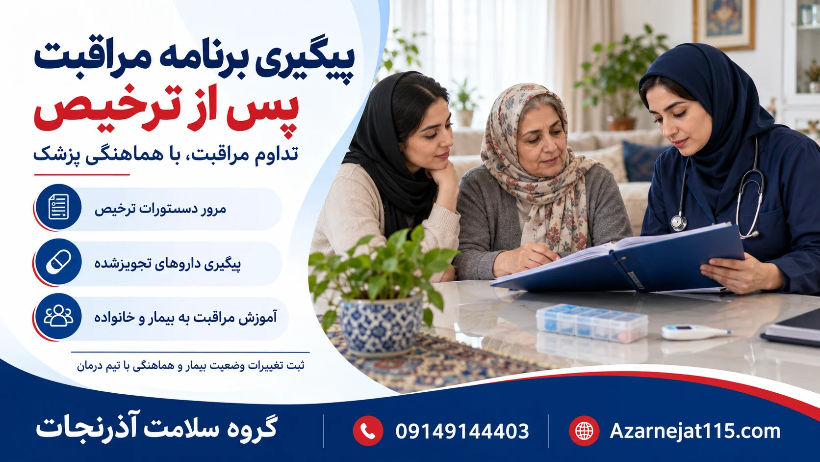 پیگیری برنامه مراقبت پس از ترخیص از بیمارستان؛ مرور دستورات ترخیص، داروها و آموزش خانواده بیمار جراحی